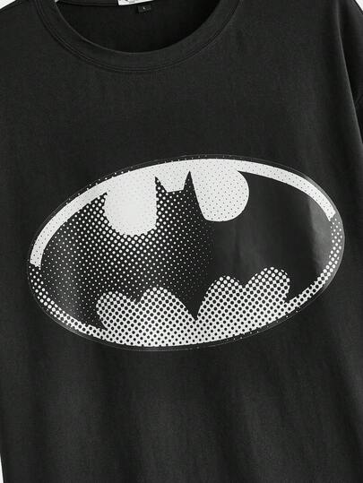 BATMAN X SHEIN تيشيرت كاجوال فضفاض بشعار الخفاش بياقة منسدلة مناسب للصيف الجنسين