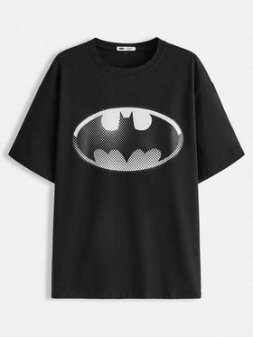 BATMAN X SHEIN تيشيرت كاجوال فضفاض بشعار الخفاش بياقة منسدلة مناسب للصيف الجنسين