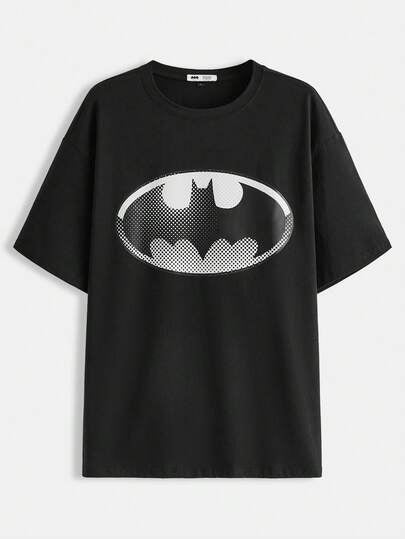 BATMAN X SHEIN تيشيرت كاجوال فضفاض بشعار الخفاش بياقة منسدلة مناسب للصيف الجنسين