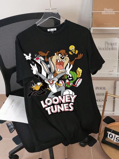 LOONEY TUNES X SHEIN تي شيرت قصير الأكمام مطبوع بحيوانات كرتونية وأحرف للرجال