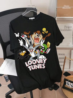 LOONEY TUNES X SHEIN تي شيرت قصير الأكمام مطبوع بحيوانات كرتونية وأحرف للرجال
