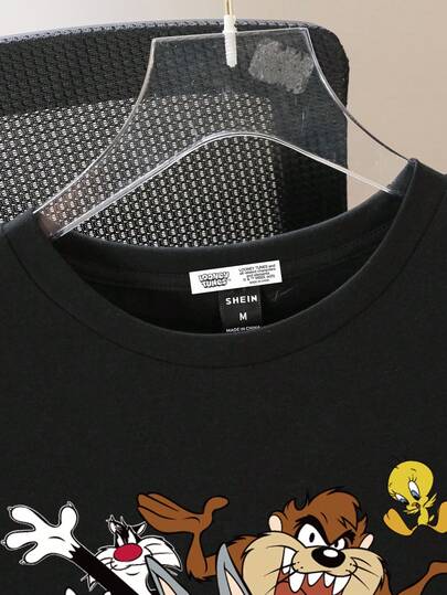 LOONEY TUNES X SHEIN تي شيرت قصير الأكمام مطبوع بحيوانات كرتونية وأحرف للرجال