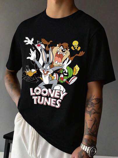 LOONEY TUNES X SHEIN تي شيرت قصير الأكمام مطبوع بحيوانات كرتونية وأحرف للرجال