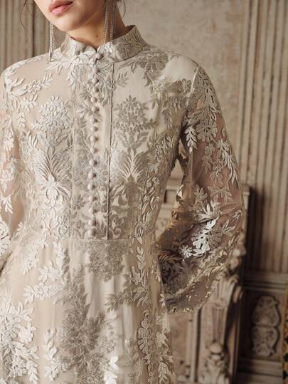 Anewsta فستان أنيق جديد للنساء بأكمام طويلة مفرغة مطرز، بلون المشمش/الشمبانيا، مناسب للحفلات والأعياد وعيد الحب