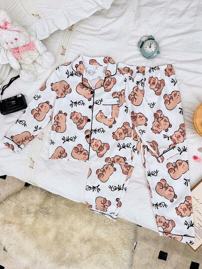 SHEIN طقم بيجامة للبنات مطبوع بنقشات جميلة، ملابس علوية بأكمام طويلة وبنطلون