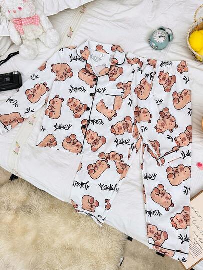 SHEIN طقم بيجامة للبنات مطبوع بنقشات جميلة، ملابس علوية بأكمام طويلة وبنطلون