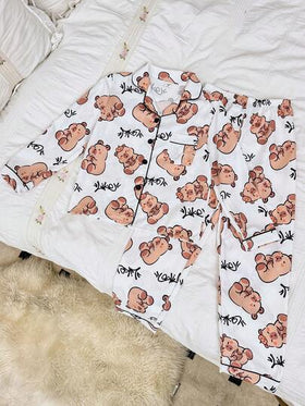 SHEIN طقم بيجامة للبنات مطبوع بنقشات جميلة، ملابس علوية بأكمام طويلة وبنطلون