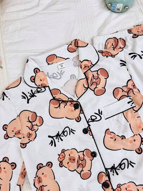 SHEIN طقم بيجامة للبنات مطبوع بنقشات جميلة، ملابس علوية بأكمام طويلة وبنطلون