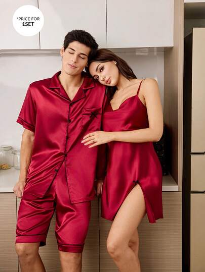 CoupledUp طقم بيجامة رجالي من قطعتين بياقة وأكمام قصيرة وشورت لون أحادي من الحرير الصناعي مع جيب وربطة عنق