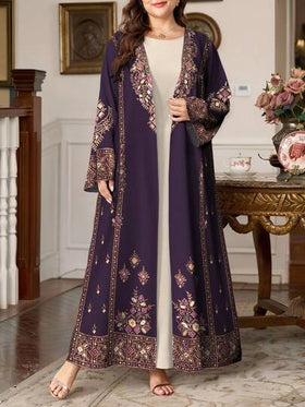 SHEIN Najma عبايات رمضان كارديجان كاجوال بأكمام طويلة مطبوع بنمط هندسي للمرأة بمقاسات كبيرة، مناسب للربيع والخريف
