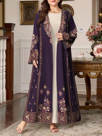 SHEIN Najma عبايات رمضان كارديجان كاجوال بأكمام طويلة مطبوع بنمط هندسي للمرأة بمقاسات كبيرة، مناسب للربيع والخريف