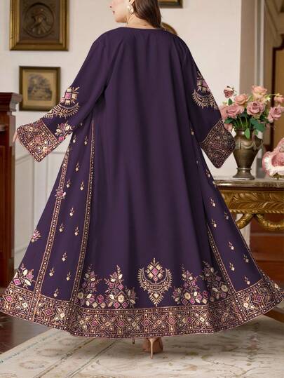 SHEIN Najma عبايات رمضان كارديجان كاجوال بأكمام طويلة مطبوع بنمط هندسي للمرأة بمقاسات كبيرة، مناسب للربيع والخريف