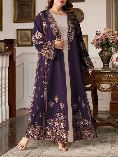 SHEIN Najma عبايات رمضان كارديجان كاجوال بأكمام طويلة مطبوع بنمط هندسي للمرأة بمقاسات كبيرة، مناسب للربيع والخريف