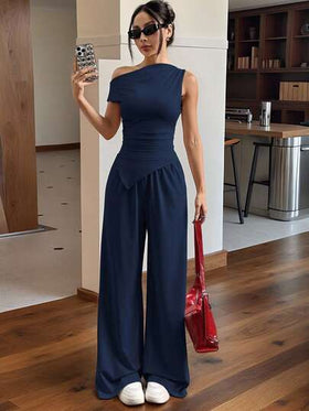 SHEIN EZwear طقم ملابس علوية وبنطلون لون كاجوال ذات تصميم غير متماثل للنساء