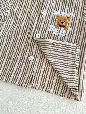 SHEIN Playful Pals مجموعة ملابس رضيع، من 6 أشهر إلى 3 سنوات، ولد/بنت/جنسين، قميص كم قصير بطبعة الدب مخطط باللون الخاكي + شورت ذو خصر مطاطي باللون الأحادي، ربيع/صيف، كاجوال، يومي، عطلة، ملابس الدب الرضيع الكاجوال، مجموعة صيفية من قطعتين للأولاد في عمر سنة،