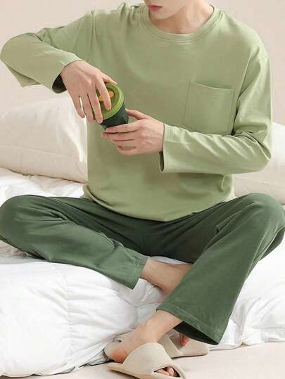 AICJ مجموعة بيجامة رجالية كاجوال فضفاضة ذات لون أحادي، ملابس علوية برقبة دائرية وبنطلون، مناسبة للربيع والخريف والشتاء، دافئة ومريحة للارتداء في المنزل