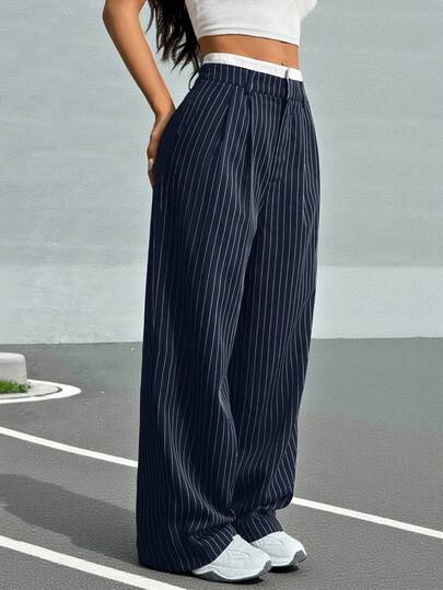 SHEIN EZwear بنطلون نسائي واسع الساق مطوي مخطط مع حزام الخصر ذو لونين للاستخدام في فصلي الخريف والشتاء