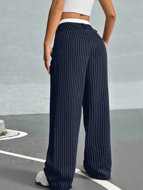 SHEIN EZwear بنطلون نسائي واسع الساق مطوي مخطط مع حزام الخصر ذو لونين للاستخدام في فصلي الخريف والشتاء