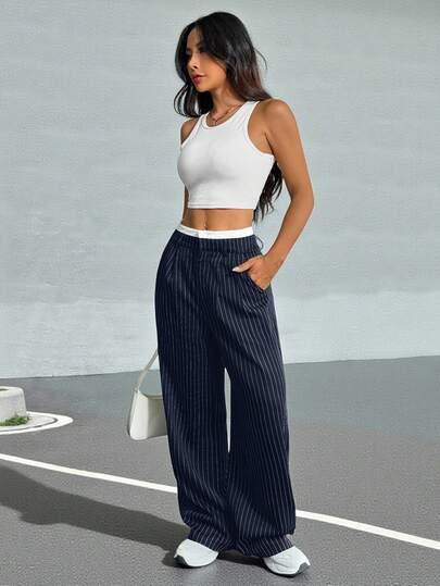 SHEIN EZwear بنطلون نسائي واسع الساق مطوي مخطط مع حزام الخصر ذو لونين للاستخدام في فصلي الخريف والشتاء