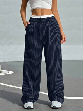 SHEIN EZwear بنطلون نسائي واسع الساق مطوي مخطط مع حزام الخصر ذو لونين للاستخدام في فصلي الخريف والشتاء