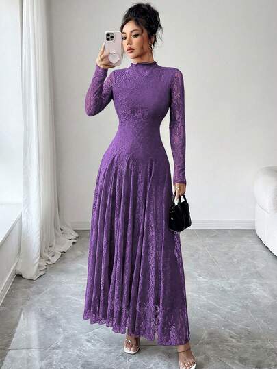 Modelyn رمضان فستان نسائي أحمر بياقة عالية وخصر مشدود بالدانتيل