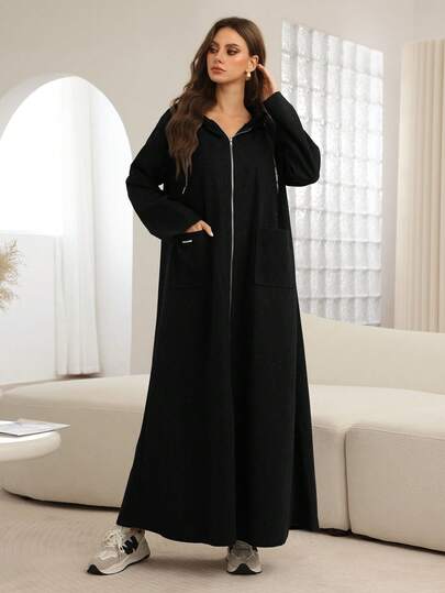 Mulvari عبايات رمضان كارديجان طويل مزود بسحاب وكابور منسدل، خريف/شتاء