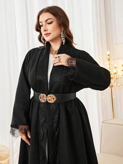 Al Najma رمضان عباءة كاجوال فضفاضة بأكمام طويلة مزينة بالدانتيل ذات لون أحادي، مناسبة للربيع والخريف بمقاسات كبيرة