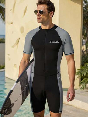 Manfinity Swimmode رومبير قصيرة للرجال مطبوع عليها حرف على الأكمام الرجلانية قصيرة الأكمام مع سحاب وفتحة نصفية