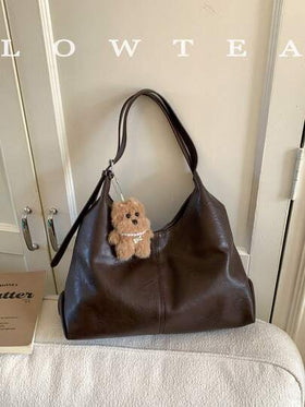 low tea 1 حقيبة كتف للنساء من جلد البولي يوريثان أحادي اللون، حقيبة رسول كاجوال كبيرة السعة بتصميم مقبض مزدوج، إغلاق بسوستة، تصميم منقوش، إغلاق مغناطيسي، مناسبة للتسوق اليومي (تباع مع قلادة)