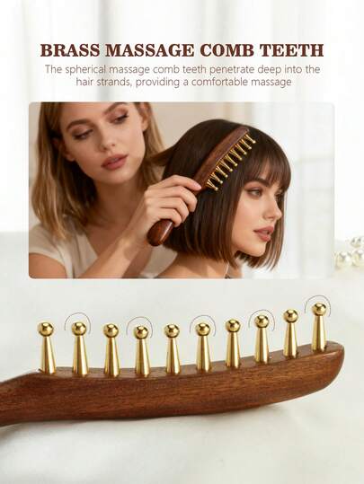 مشط أسنان واسعة قطعة واحدة، مصنوع من النحاس ذو مقبض طويل وأسنان كبيرة مستديرة لتدليك فروة الرأس، مناسب لتصفيف الشعر المجعد والمستقيم، أداة تدليك الجسم
