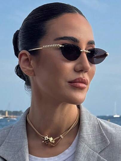زوج من النظارات الشمسية بتصميم عين القطة بدون إطار، نمط شخصي وأنيق، مناسبة للنساء ذوات الوجه الصغير، مناسبة للسفر والعطلات والشاطئ وغيرها من المناسبات