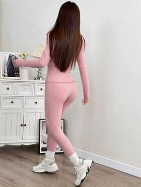 SHEIN EZwear طقم جاكيت وسراويل ضيقة للنساء للرياضة، مزود بياقة عالية وخياطة متباينة، لون وردي
