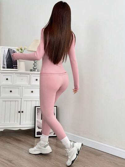 SHEIN EZwear طقم جاكيت وسراويل ضيقة للنساء للرياضة، مزود بياقة عالية وخياطة متباينة، لون وردي