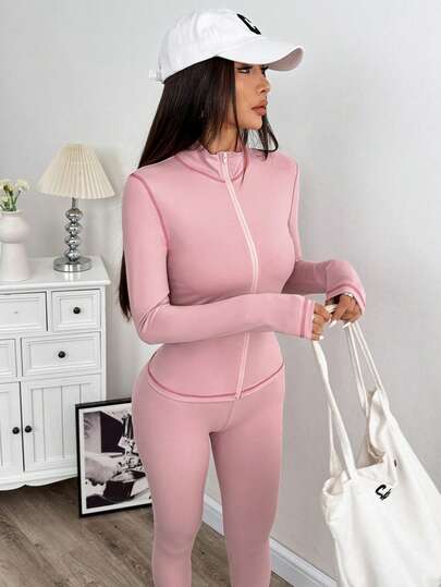 SHEIN EZwear طقم جاكيت وسراويل ضيقة للنساء للرياضة، مزود بياقة عالية وخياطة متباينة، لون وردي