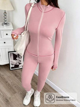 SHEIN EZwear طقم جاكيت وسراويل ضيقة للنساء للرياضة، مزود بياقة عالية وخياطة متباينة، لون وردي