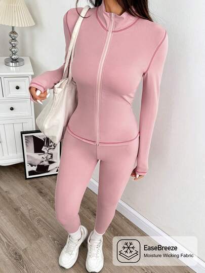 SHEIN EZwear طقم جاكيت وسراويل ضيقة للنساء للرياضة، مزود بياقة عالية وخياطة متباينة، لون وردي