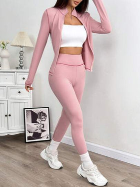 SHEIN EZwear طقم جاكيت وسراويل ضيقة للنساء للرياضة، مزود بياقة عالية وخياطة متباينة، لون وردي