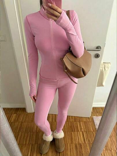 SHEIN EZwear طقم جاكيت وسراويل ضيقة للنساء للرياضة، مزود بياقة عالية وخياطة متباينة، لون وردي