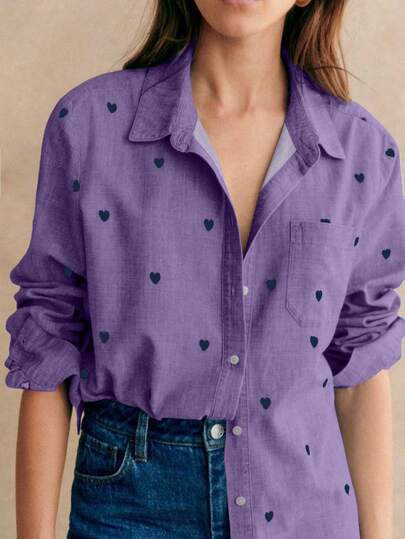 قميص بولو أساسي كاجوال للنساء بطباعة قلب بأكمام طويلة وجيب، مناسب للارتداء اليومي في الربيع والصيف والخريف