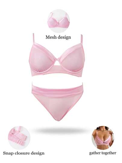 SHEIN طقم ملابس داخلية نسائية بتصميم حمالة رفيعة ذات لون واحد وتصميم نحت الصدر، لطيف وأنيق