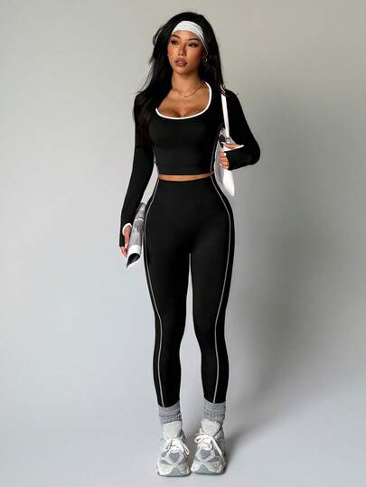 Easithlete طقم ملابس رياضية نسائية بياقة على شكل حرف U وأكمام طويلة مطابقة، بتصميم مناسب للياقة البدنية والاستخدام اليومي، بخطوط ملونة
