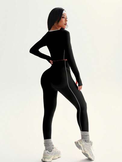 Easithlete طقم ملابس رياضية نسائية بياقة على شكل حرف U وأكمام طويلة مطابقة، بتصميم مناسب للياقة البدنية والاستخدام اليومي، بخطوط ملونة