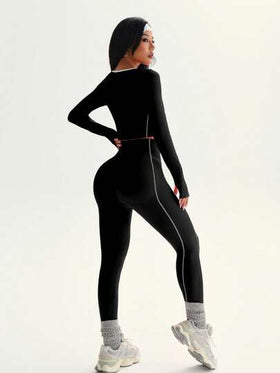 Easithlete طقم ملابس رياضية نسائية بياقة على شكل حرف U وأكمام طويلة مطابقة، بتصميم مناسب للياقة البدنية والاستخدام اليومي، بخطوط ملونة