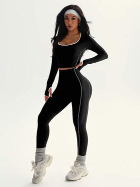 Easithlete طقم ملابس رياضية نسائية بياقة على شكل حرف U وأكمام طويلة مطابقة، بتصميم مناسب للياقة البدنية والاستخدام اليومي، بخطوط ملونة