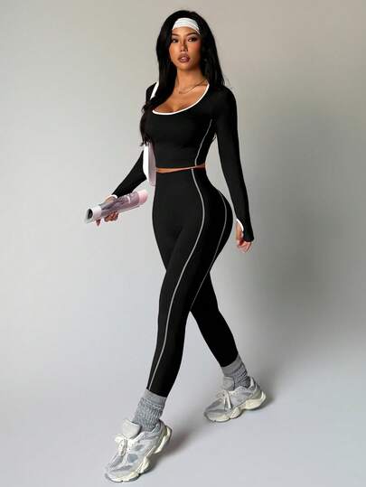 Easithlete طقم ملابس رياضية نسائية بياقة على شكل حرف U وأكمام طويلة مطابقة، بتصميم مناسب للياقة البدنية والاستخدام اليومي، بخطوط ملونة