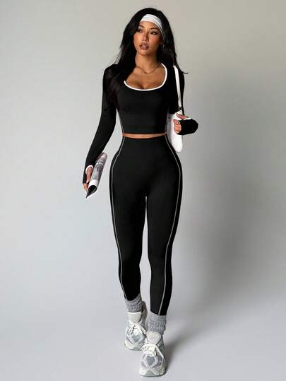Easithlete طقم ملابس رياضية نسائية بياقة على شكل حرف U وأكمام طويلة مطابقة، بتصميم مناسب للياقة البدنية والاستخدام اليومي، بخطوط ملونة