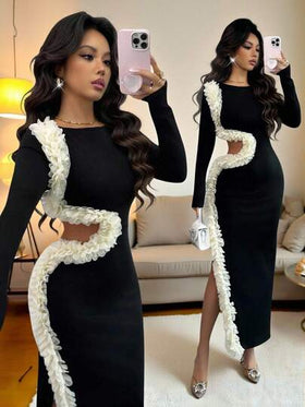 Rafferiza فستان نسائي بياقة مستديرة وشق ضيق وخصر مشدود، تصميم غير منتظم مع خصر مفرغ، تصميم زهرة ثلاثية الأبعاد، فستان لوحة شطرنج أسود وأبيض، ملابس خريف وشتاء، أنيق وأنثوي وأنيق، للارتداء اليومي، حفلات الزفاف والحفلات الرسمية، والتنقل اليومي، وحفلات التخرج