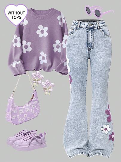 SHEIN ChillGRL بنطلون جينز أزرق مبهت مشوه مع تطريز ثلاثي الأبعاد وتطريز مطبق أسود، بنطلون جينز ضيق مطاطي مناسب لجميع المواسم