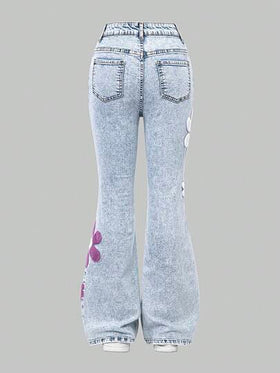 SHEIN ChillGRL بنطلون جينز أزرق مبهت مشوه مع تطريز ثلاثي الأبعاد وتطريز مطبق أسود، بنطلون جينز ضيق مطاطي مناسب لجميع المواسم
