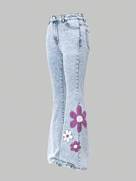 SHEIN ChillGRL بنطلون جينز أزرق مبهت مشوه مع تطريز ثلاثي الأبعاد وتطريز مطبق أسود، بنطلون جينز ضيق مطاطي مناسب لجميع المواسم